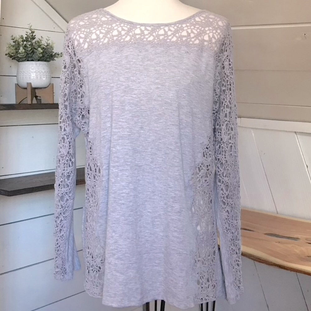 Sundance Gray Long Sleeve Embroidered Lace Top XL